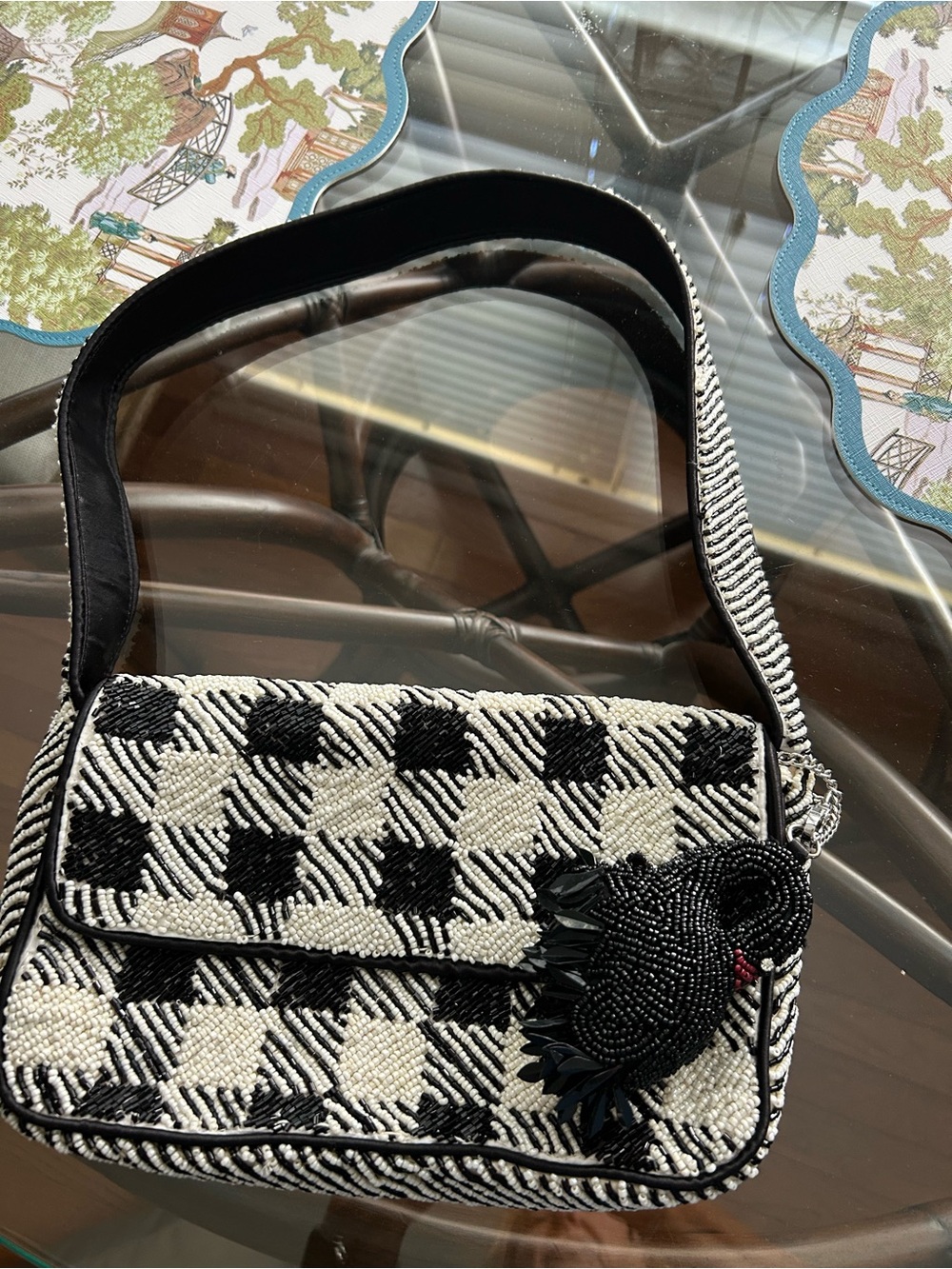 Black and white beaded purse with black beaded swan